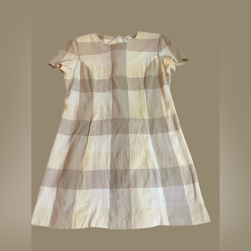 Talbots Petites tan yellow cream Short Sleeve Vintage Dress sz 12P linen pockets - Picture 2 of 13